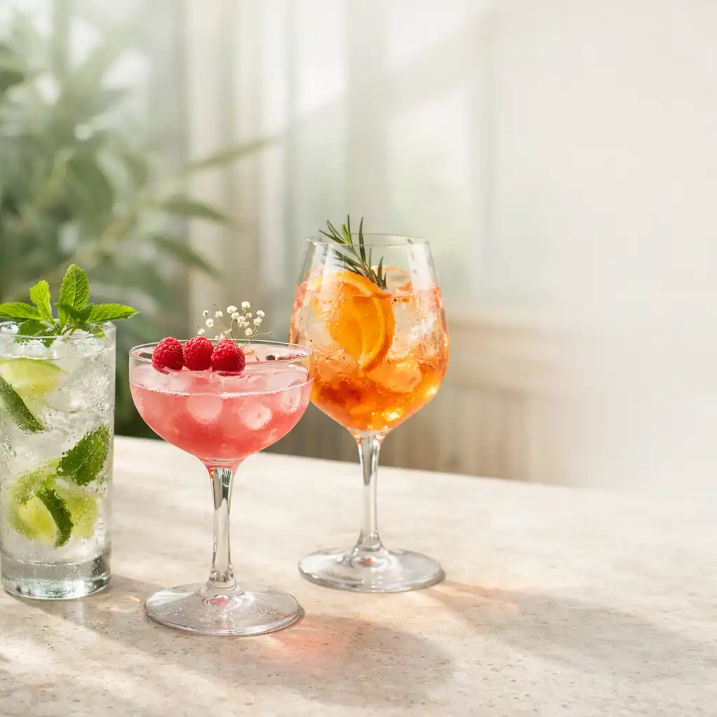 Drei elegante alkoholfreie Drinks auf hellem Naturstein im Wintergartenlicht