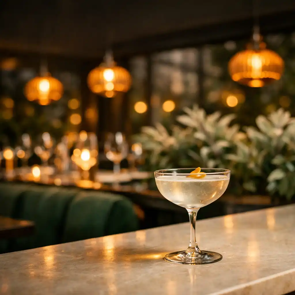 Drink auf einer Bar im warmen Amberlicht mit Pflanzen und grüner Polsterung im Hintergrund