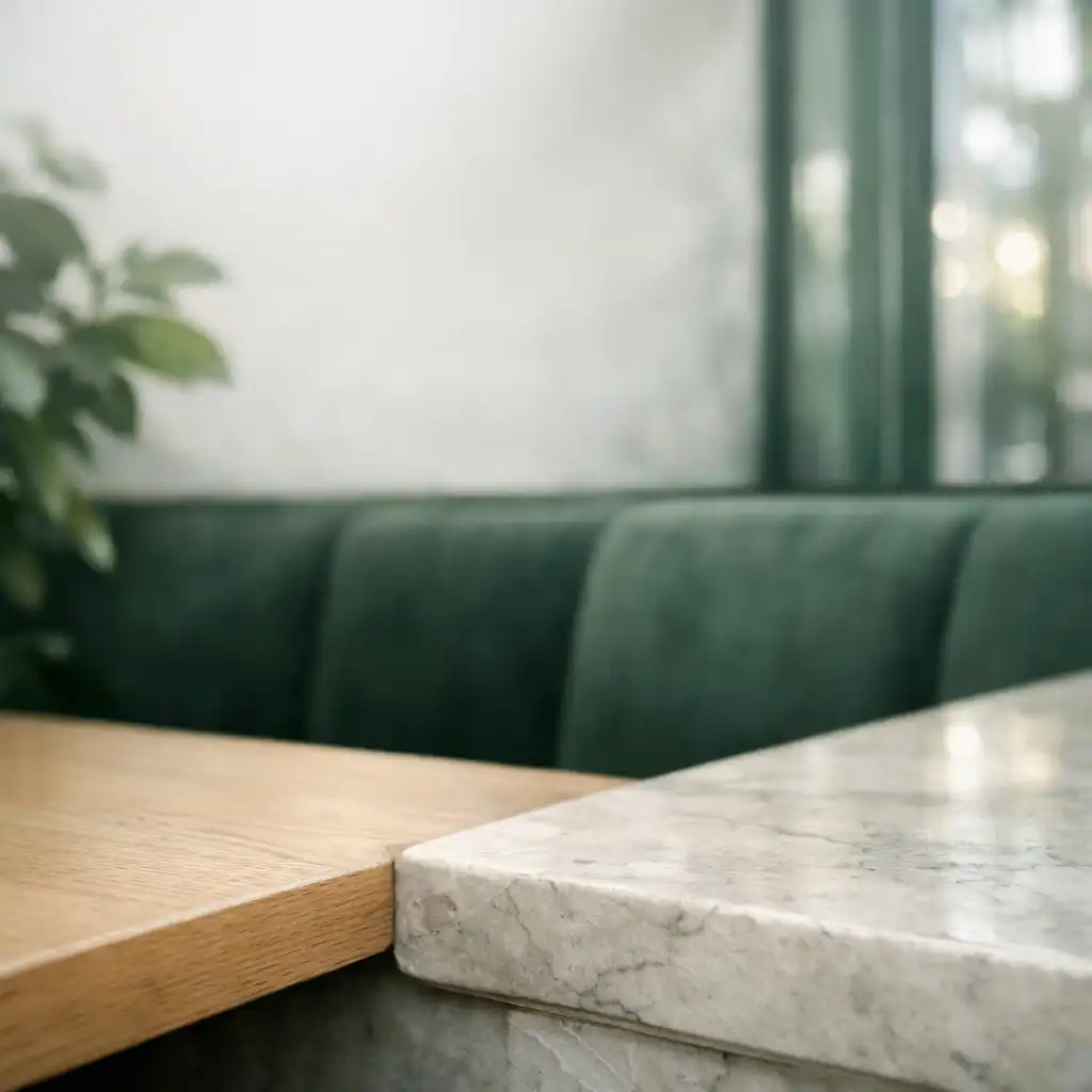 Detail aus hellem Holz, Naturstein, grünem Textil und Pflanzenlicht im Restaurant