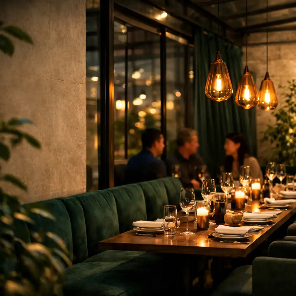 Warmer halbprivater Dining-Bereich mit gedecktem Tisch und Amberlicht