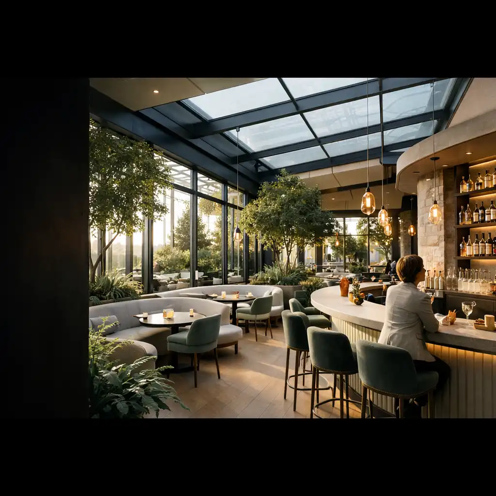 Heller Restaurant-Wintergarten mit Bar, Pflanzen und Glasarchitektur