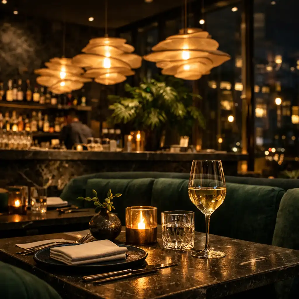 Gedeckter Restauranttisch und Barbereich bei warmem Amberlicht