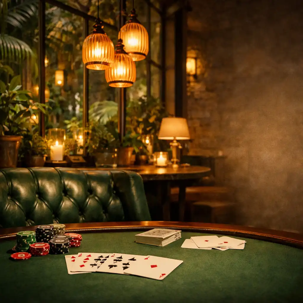 Elegante Card Lounge im Restaurant mit emeraldfarbenen Sitzbänken, Pflanzen, Glas und vorbereitetem Tisch