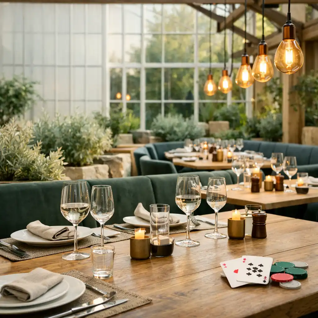 Vorbereitete Abendtafel in Traxelunis hellem Wintergarten mit Pflanzen, Glasflächen und dezenten Karten am Tisch