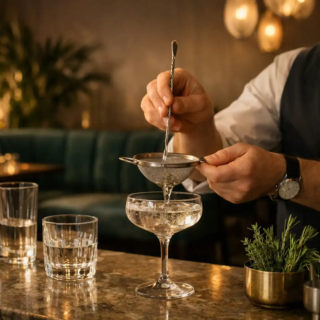 Hände bei der ruhigen Zubereitung eines Cocktails an einem Natursteinbartresen