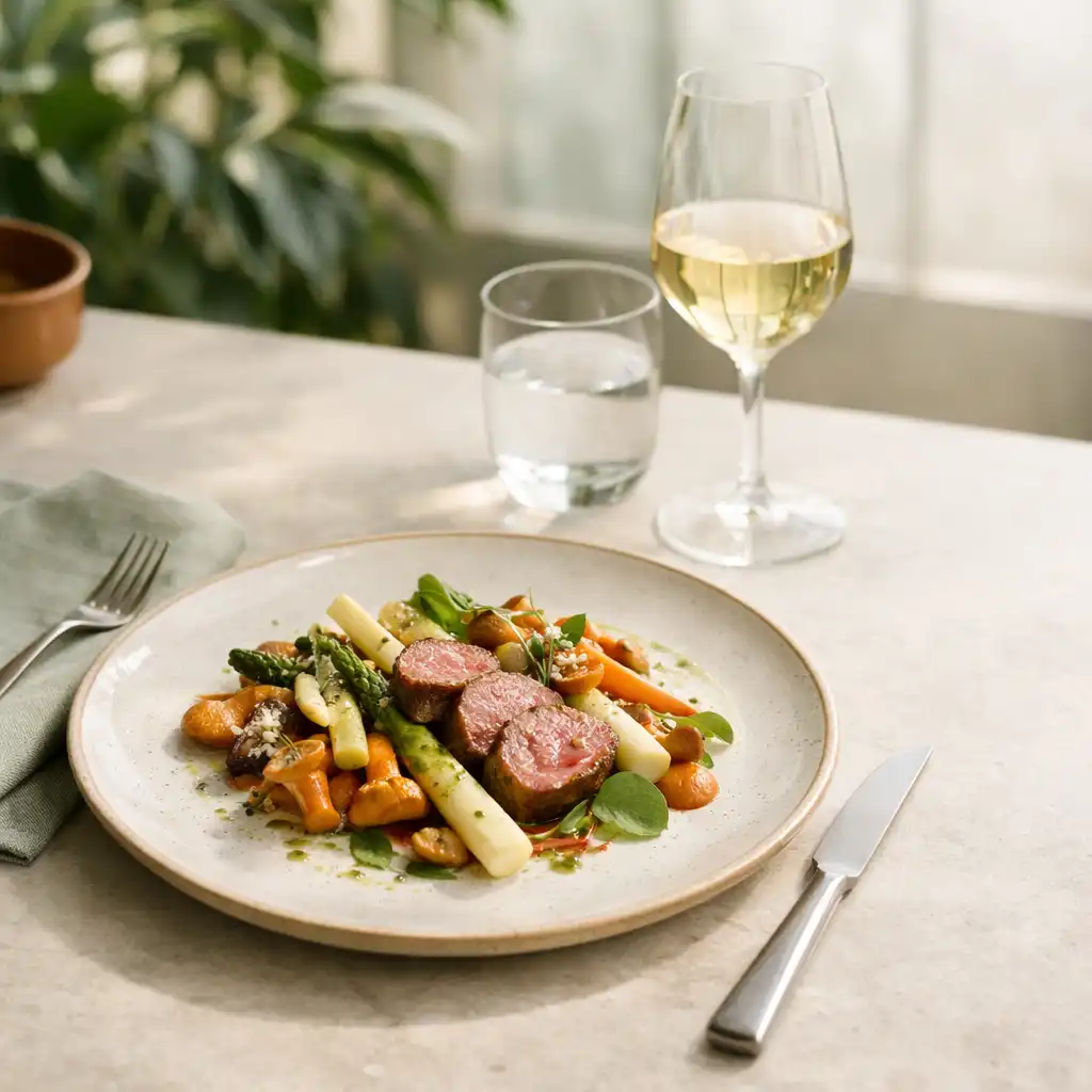 Sorgfältig angerichteter Teller auf einem hellen Restauranttisch vor botanischem Hintergrund