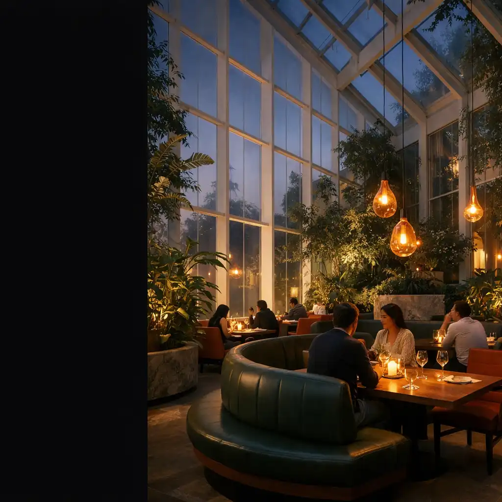Wintergartenrestaurant mit Pflanzen, gedeckten Tischen und warmem Abendlicht
