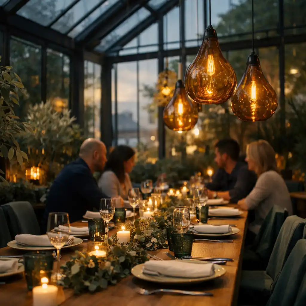 Privates Dinner an einer langen Tafel in einem warm beleuchteten Wintergartenrestaurant