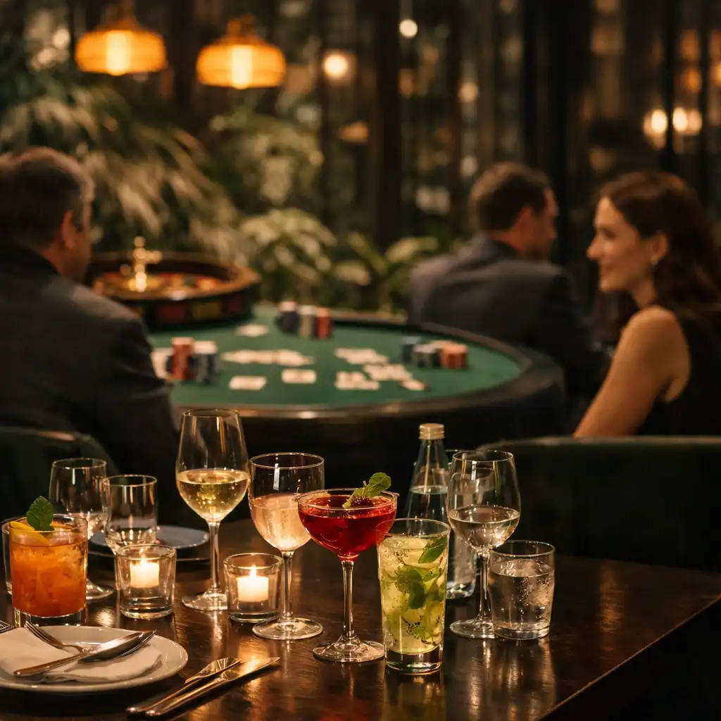 Abendliches Dinner mit Drinks und einem dezent im Hintergrund sichtbaren physischen Kartentisch