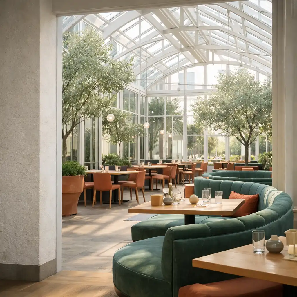 Lichtdurchfluteter Wintergarten mit Pflanzen, gedeckten Tischen und Glasarchitektur im Restaurant