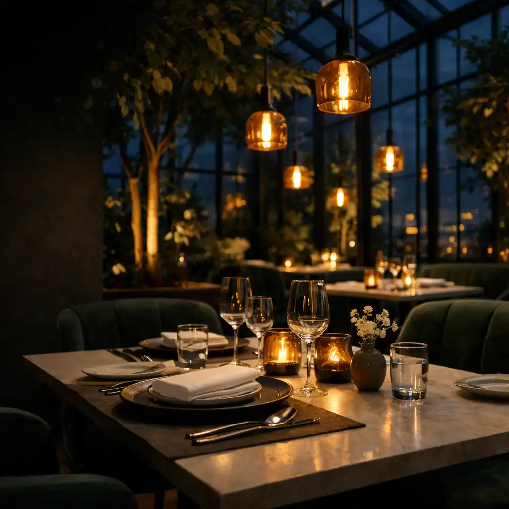 Abendlich gedeckter Tisch mit Pendelleuchten und Pflanzen im Wintergarten