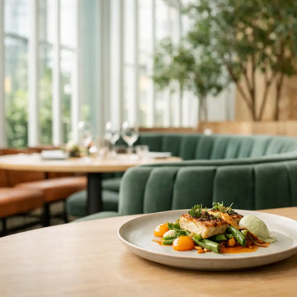 Zeitgemäß angerichteter Teller in einem hellen Wintergartenrestaurant