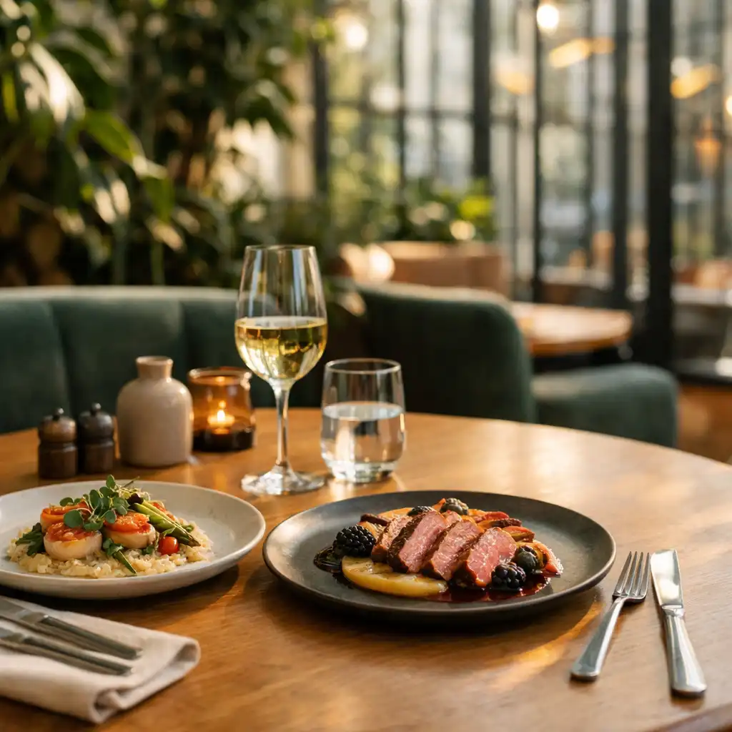 Gedeckter Restauranttisch mit zeitgemäßen Tellern im Wintergarten
