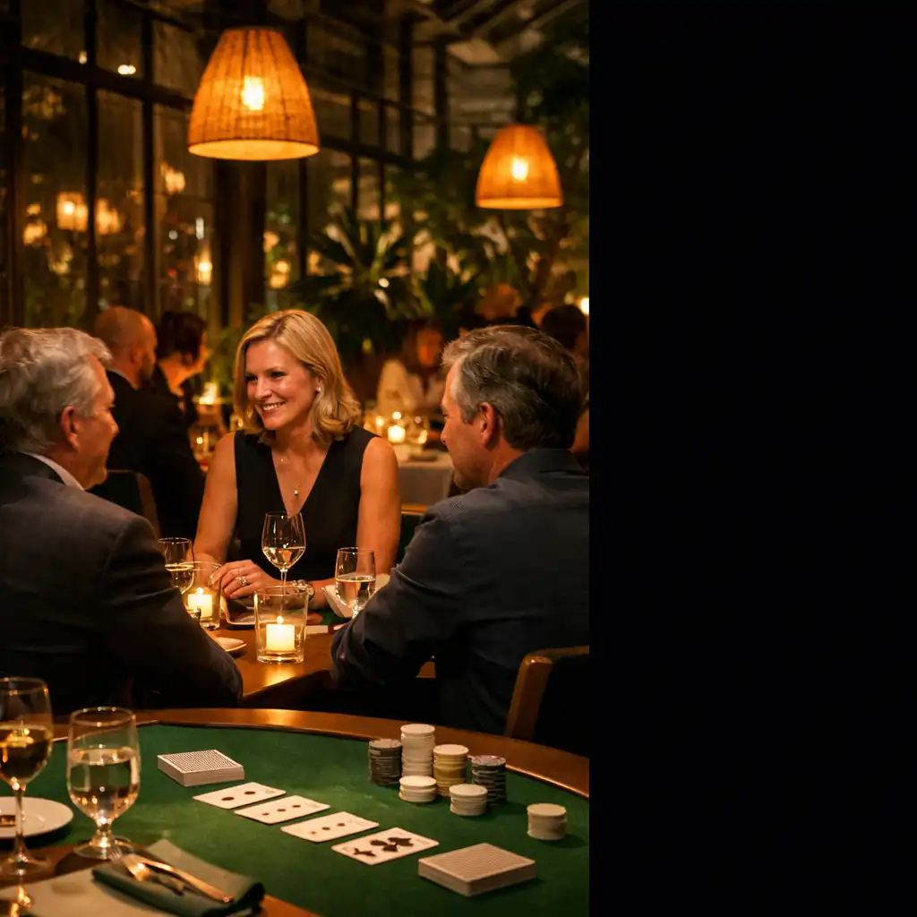 Gäste an einem gedeckten Restauranttisch mit Karten und neutralen Chips im warmen Abendlicht