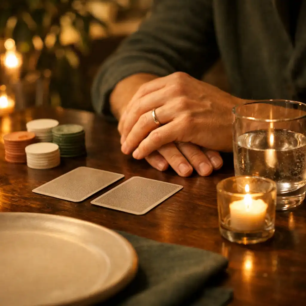 Hände an einem Restauranttisch neben verdeckten Karten, neutralen Chips und einem Wasserglas