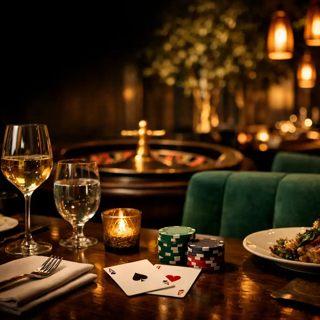 Abendlicher Restauranttisch mit warmem Licht, emeraldfarbenen Textilien und dezenten Karten- und Chipdetails