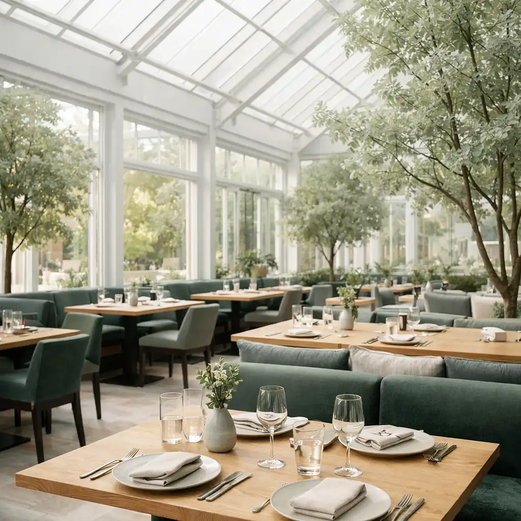 Heller Restaurantbereich mit Glasdach, Pflanzen und gedeckten Holztischen