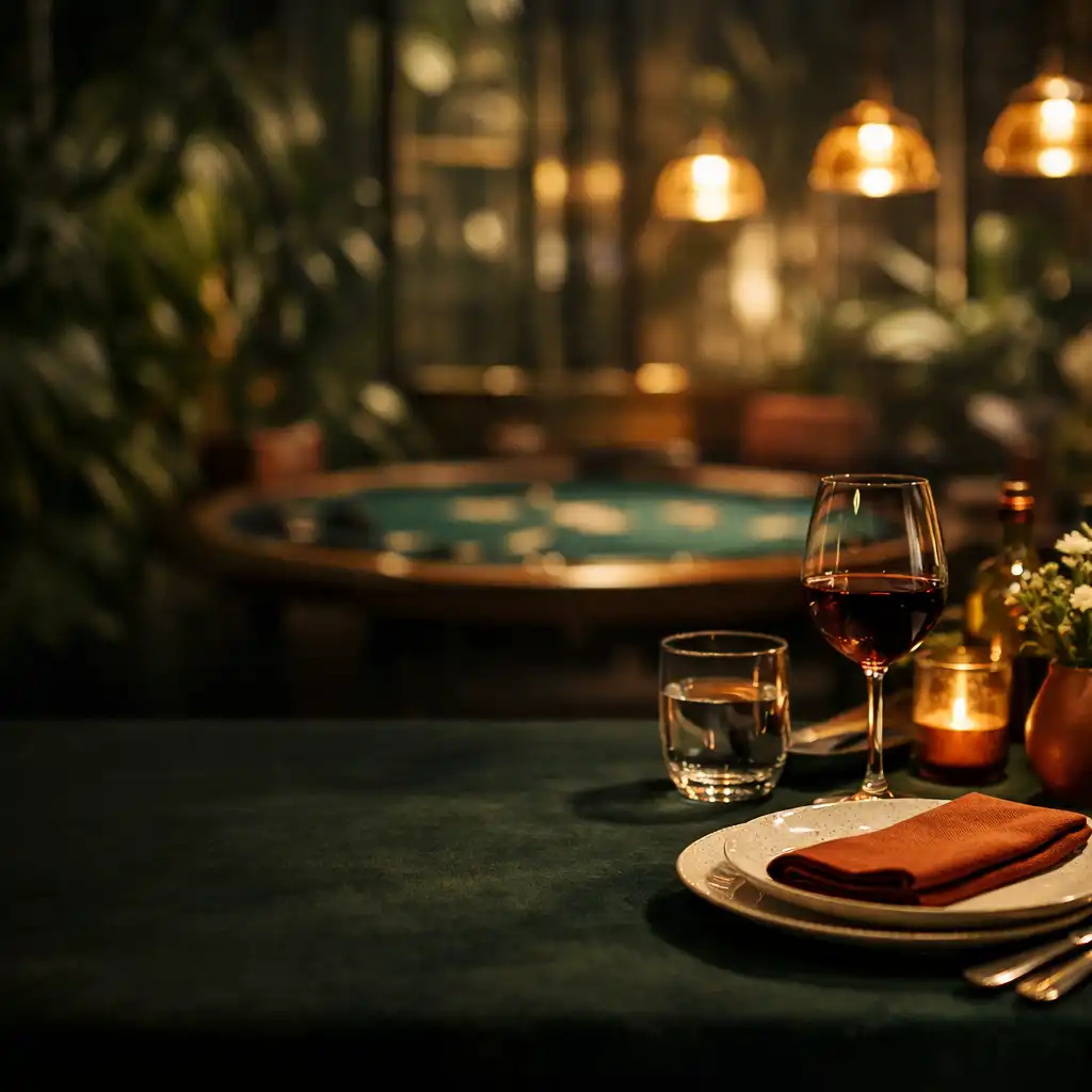 Warm beleuchteter Restauranttisch am Abend mit Pflanzen und Glasstrukturen im Hintergrund