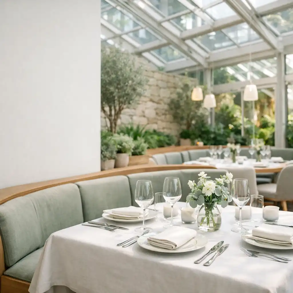 Gedeckter Tisch in einem hellen Restaurant-Wintergarten mit Pflanzen und Glasflächen