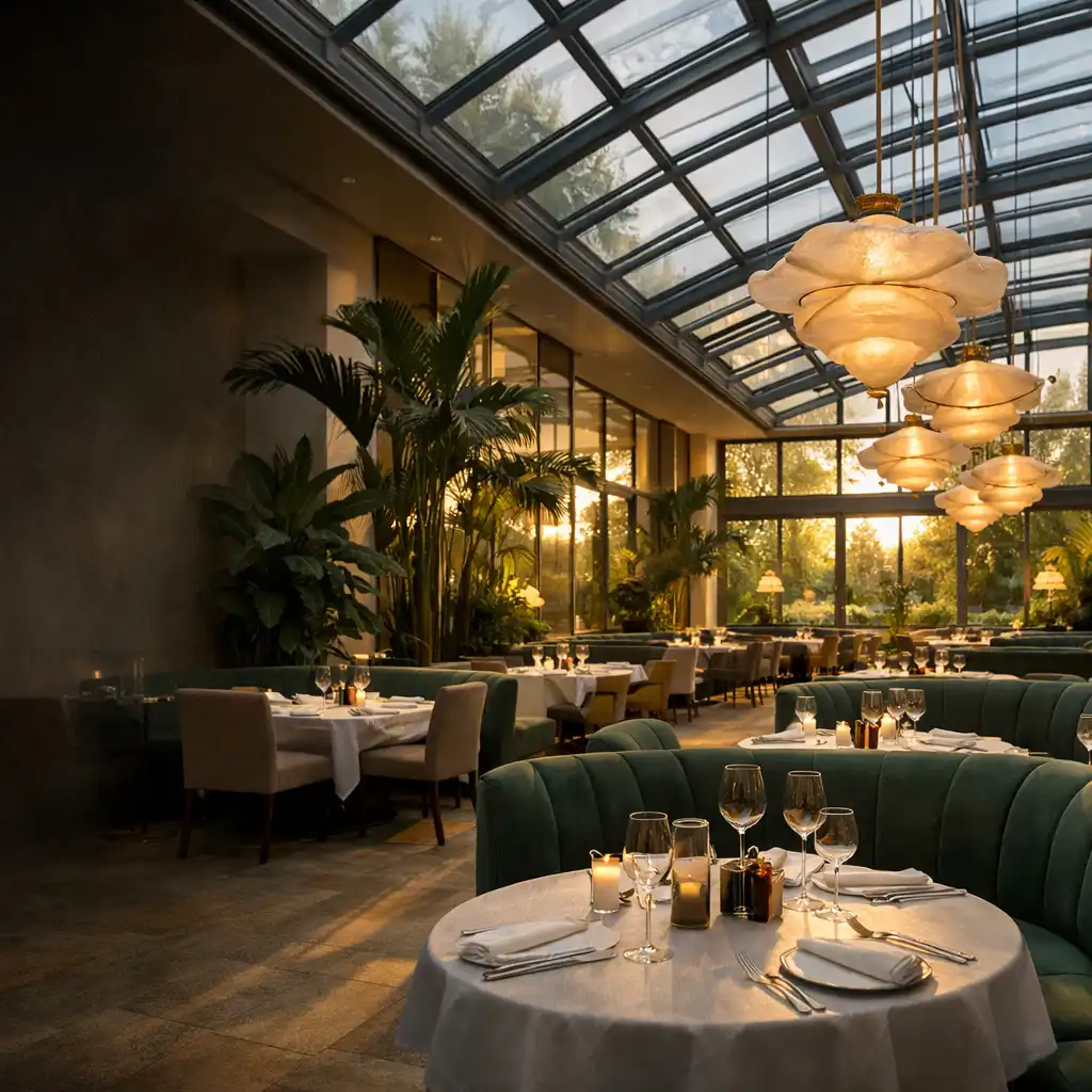 Lichtdurchfluteter Restaurant-Wintergarten mit Glasdecke, Pflanzen und grünen Sitzbänken