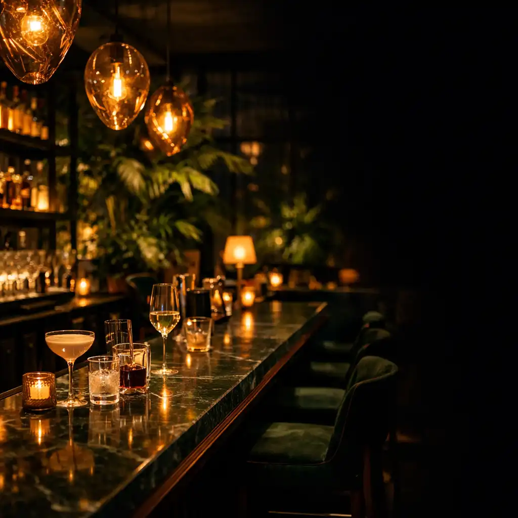 Abendliche Restaurantbar mit warmen Pendelleuchten und grünen Stoffen