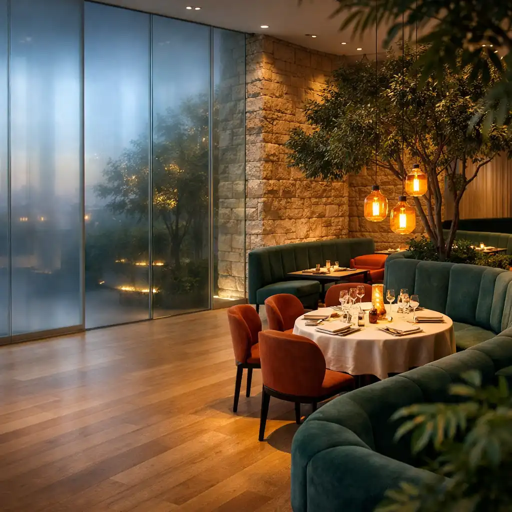 Urban-Greenhouse-Interieur mit Glasflächen, Pflanzen und gedecktem Tisch im Abendlicht