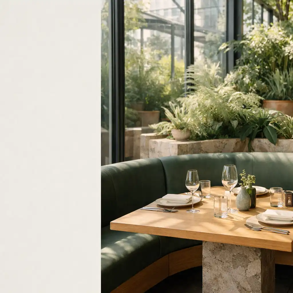 Gedeckter Tisch in einem lichtdurchfluteten Wintergarten mit Pflanzen und grüner Sitzbank
