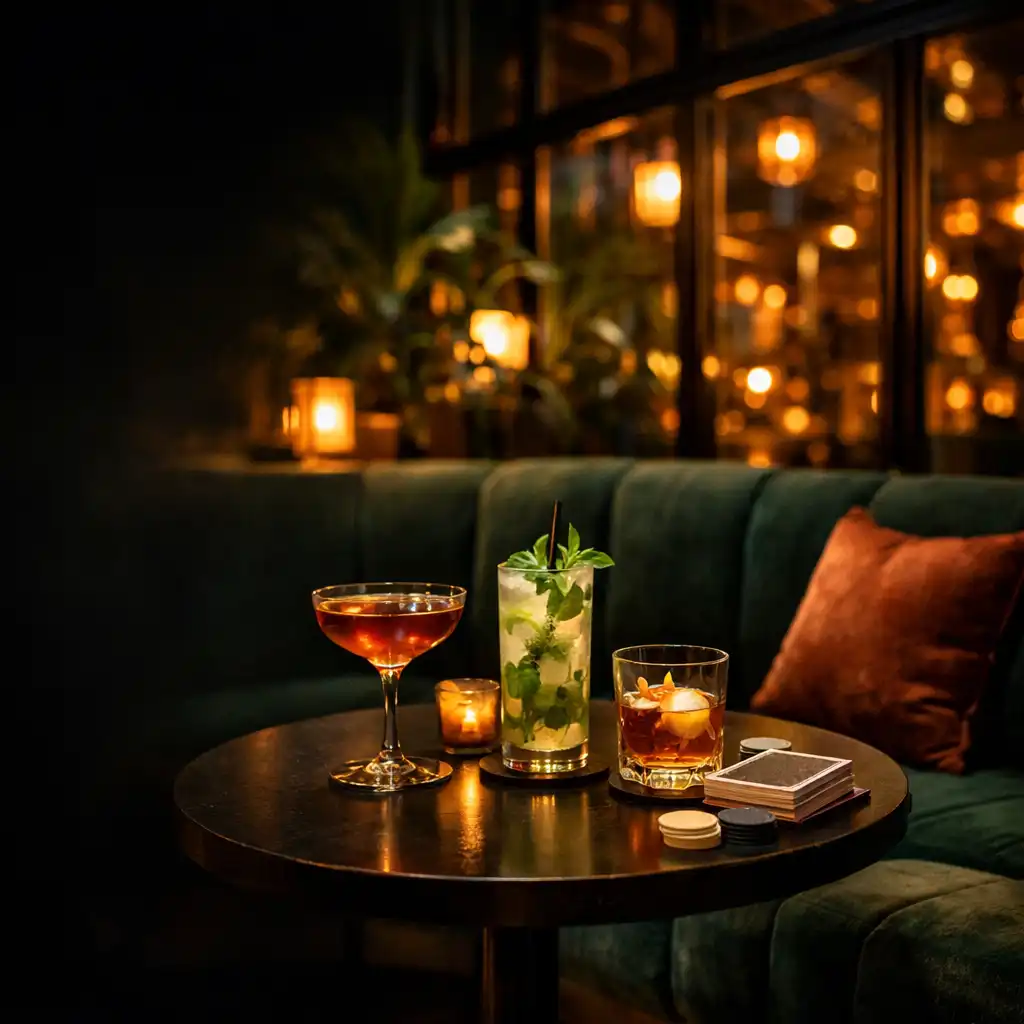 Warme Card Lounge mit dunkelgrünen Polstern, Drinks und Pflanzen im Abendlicht