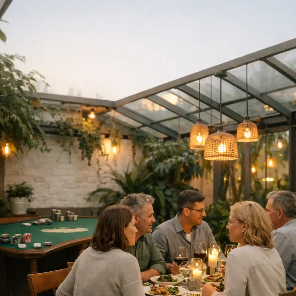 Private Gruppe bei einem Dinner in einem hellen, begrünten Restaurantbereich