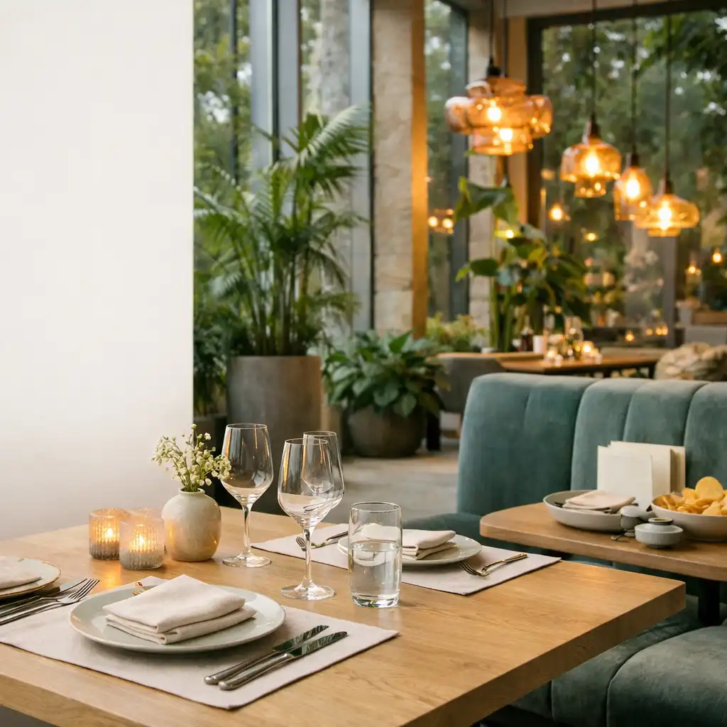 Gedeckter Tisch in einem begrünten Wintergartenrestaurant mit warmem Abendlicht